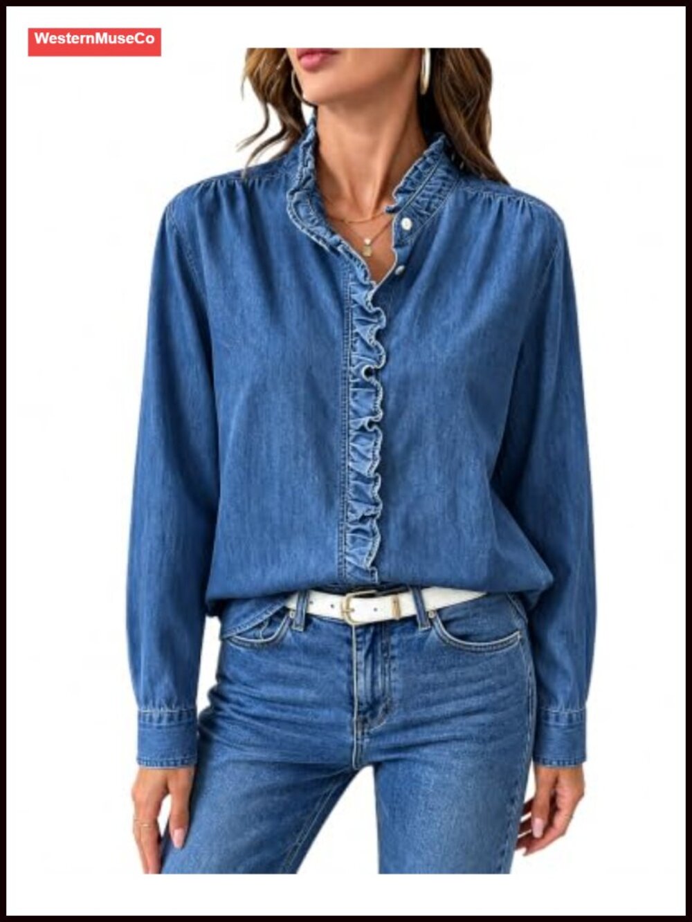 Ruffle Denim Blouse Long Sleeve Button Down Casual Shirt